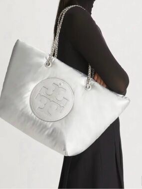 Tory Burch Ella Chain Metallic Silver Logo Tote